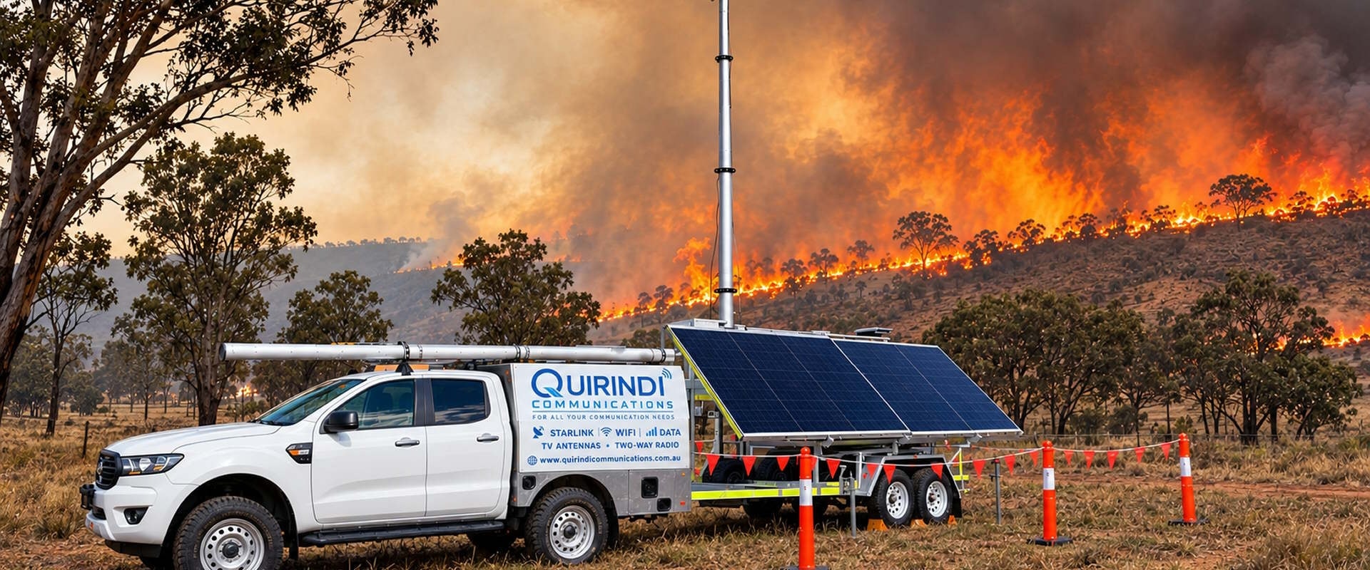Quirindi Communications emergency deployment vehicle with satellite mast at bushfire scene